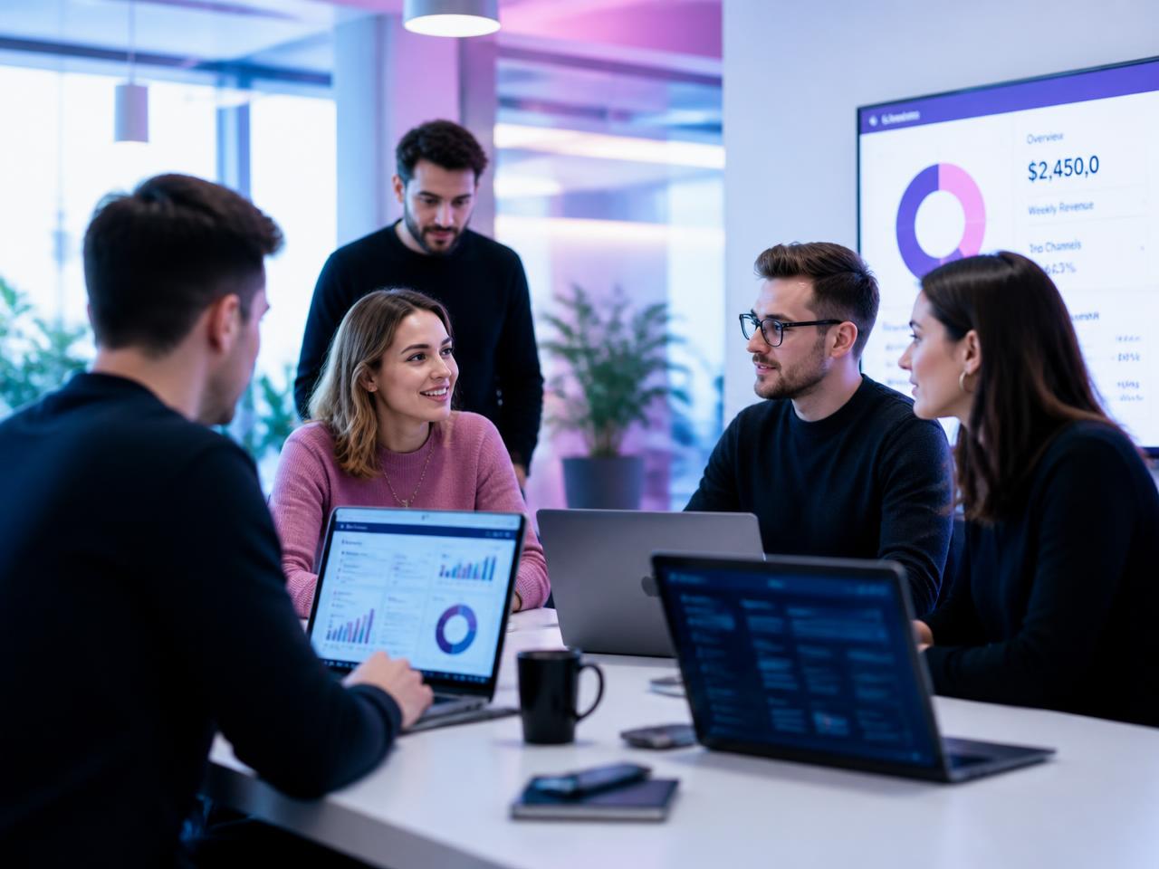 Equipe de estratégia digital analisando dados de campanhas