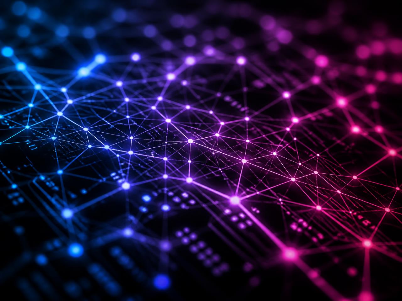 Rede neural luminosa representando inteligência artificial e automação